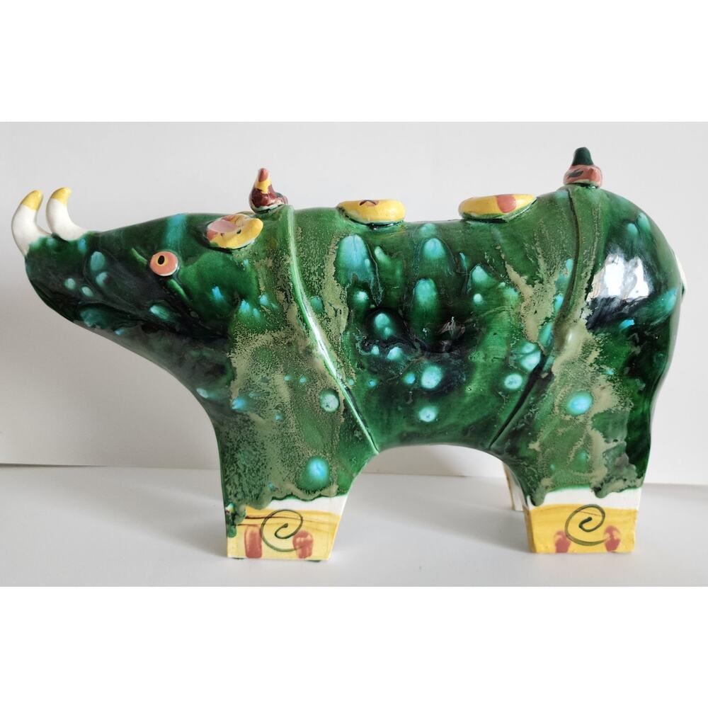 Vintage 1994 Signed Ceramic Rhino Sculpture – Candle Holder with Birds, 17"